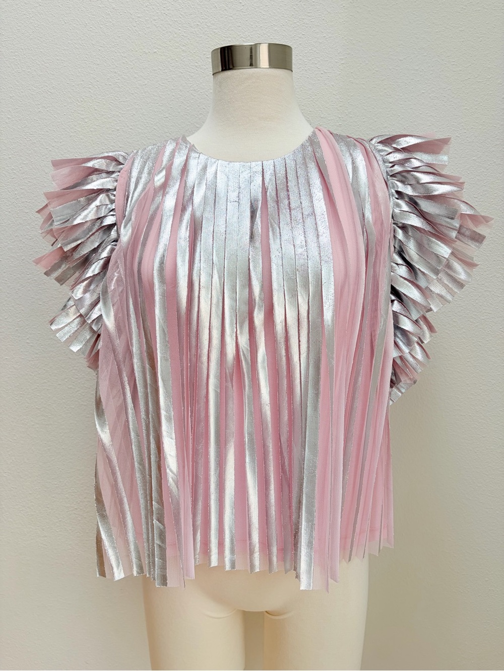 Anthropologie Pleated Foil Top Statement Blouse Metallic Pink Silver Size Small - Picture 2 of 14